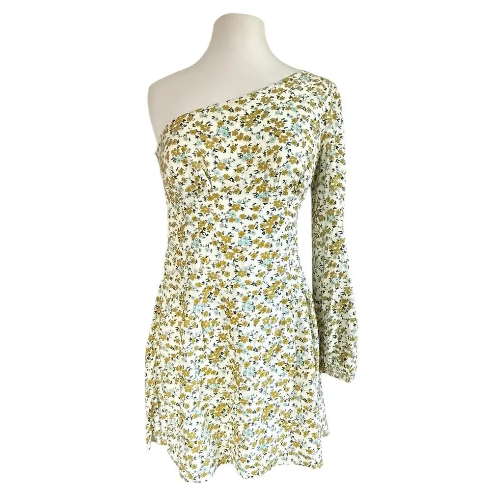 Free People Jules Ditzy Floral One Shoulder Mini Dress Size 8 USA Made NWT
